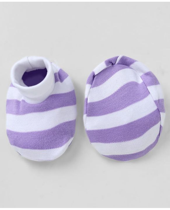 Babyhug 100% Cotton Interlock Knit Striped Cap, Mitten & Booties - Purple