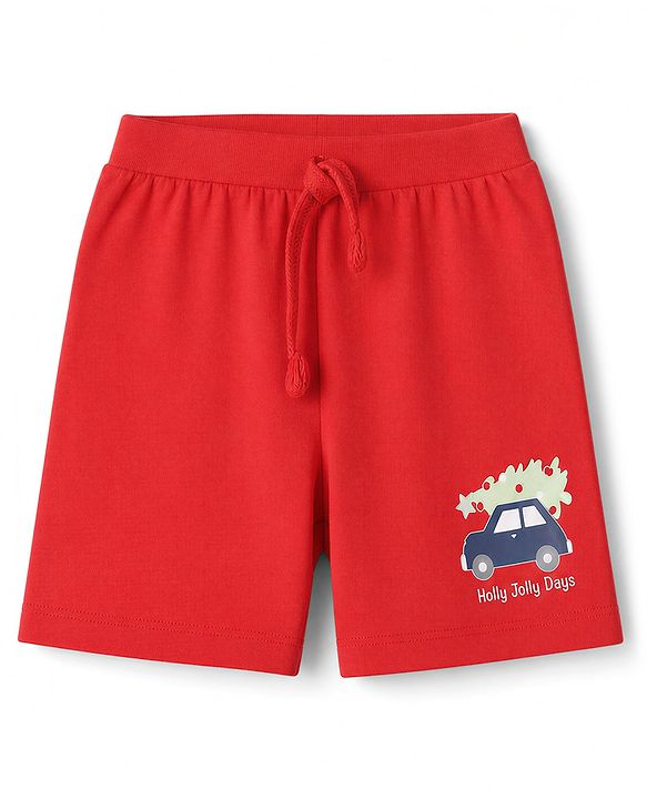 Babyhug 100% Cotton Single Jersey Cotton Knit Mid Thigh Shorts With Vehicle Print Pack of 3 - Blue, Green & Red