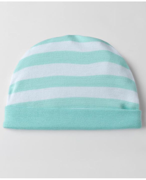 Babyhug 100% Cotton Interlock Knit Striped Cap Mittens & Booties Aqua Blue - Diameter 16.5 cm