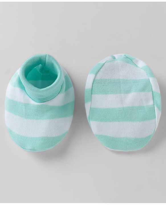 Babyhug 100% Cotton Interlock Knit Striped Cap Mittens & Booties Aqua Blue - Diameter 16.5 cm