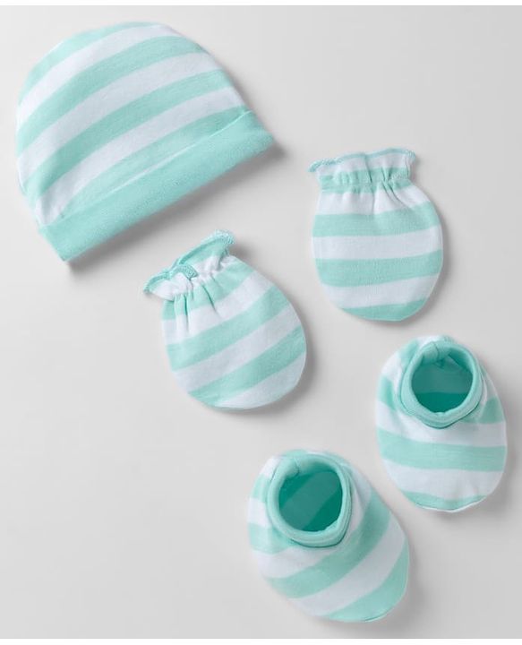 Babyhug 100% Cotton Interlock Knit Striped Cap Mittens & Booties Aqua Blue - Diameter 16.5 cm