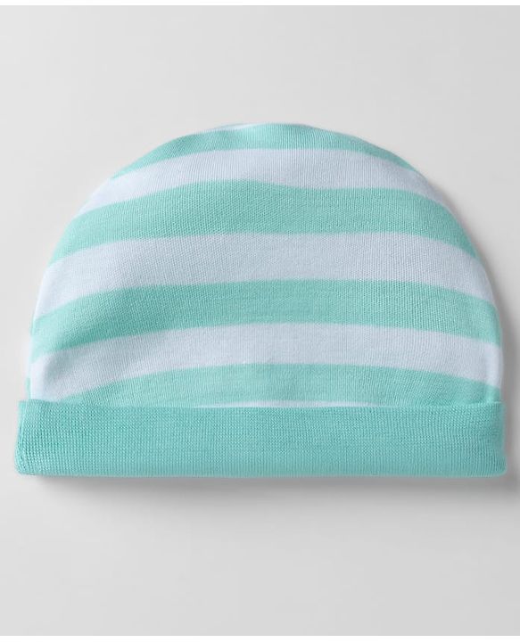 Babyhug 100% Cotton Interlock Knit Striped Cap Mittens & Booties Aqua Blue - Diameter 16.5 cm