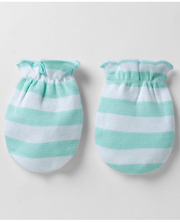 Babyhug 100% Cotton Interlock Knit Striped Cap Mittens & Booties Aqua Blue - Diameter 16.5 cm