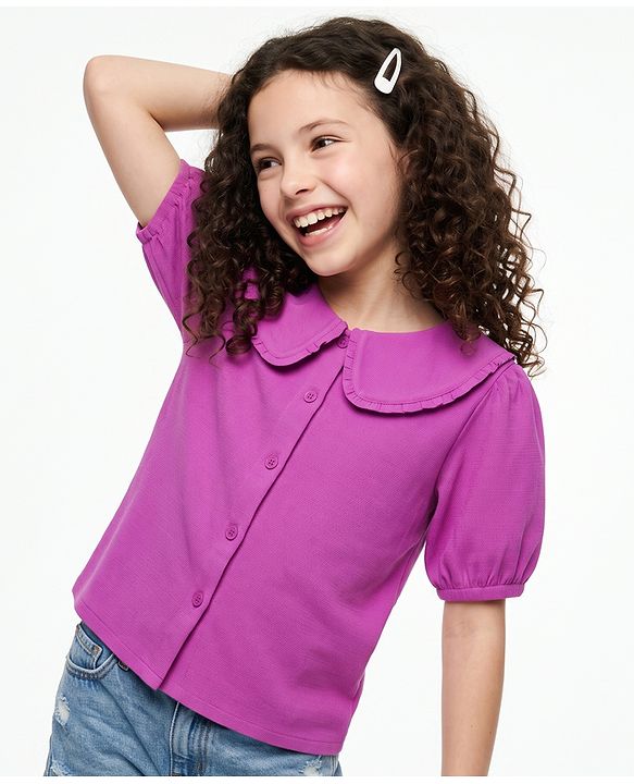 Pine Kids Cotton Woven Half Sleeves Solid Top with Puffed Sleeve - Purple