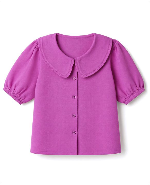 Pine Kids Cotton Woven Half Sleeves Solid Top with Puffed Sleeve - Purple