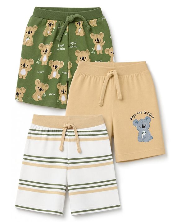 Babyhug 100% Cotton Single Jersey Cotton Knit Mid Thigh Shorts With Bear Print Pack of 3 - Green, White & Cream
