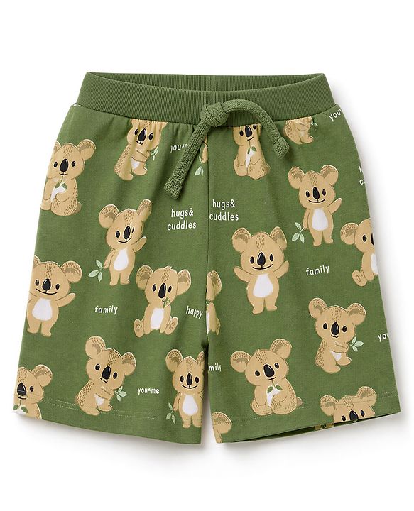 Babyhug 100% Cotton Single Jersey Cotton Knit Mid Thigh Shorts With Bear Print Pack of 3 - Green, White & Cream