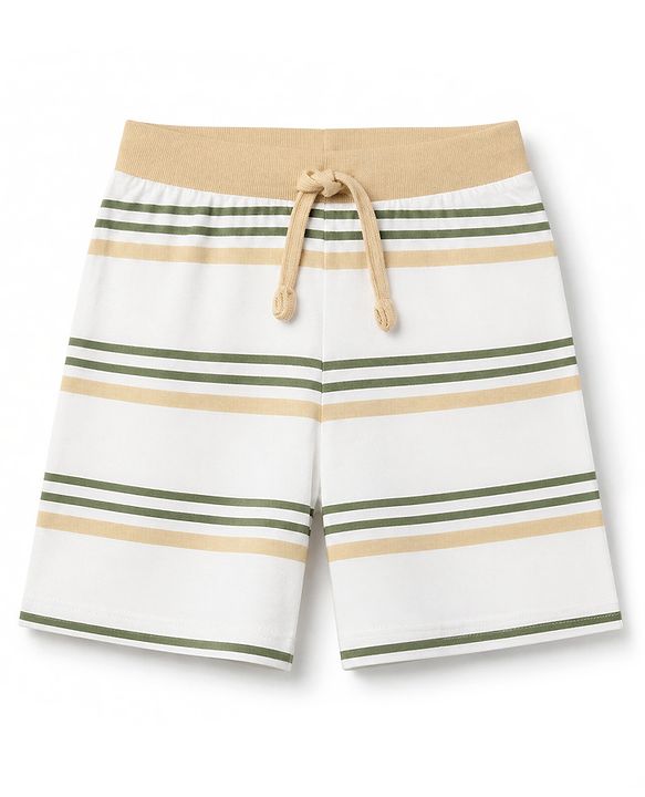 Babyhug 100% Cotton Single Jersey Cotton Knit Mid Thigh Shorts With Bear Print Pack of 3 - Green, White & Cream