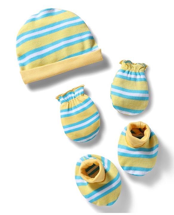 Babyhug 100% Cotton Interlock Knit Cap , Mittens & Booties with Stripes Olive Green - Diameter 16 cm