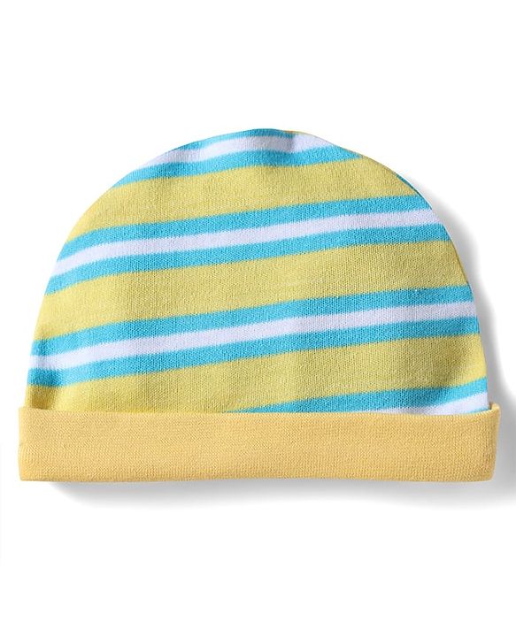 Babyhug 100% Cotton Interlock Knit Cap , Mittens & Booties with Stripes Olive Green - Diameter 16 cm