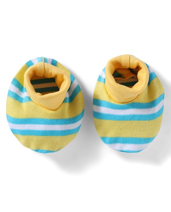 Babyhug 100% Cotton Interlock Knit Cap , Mittens & Booties with Stripes Olive Green - Diameter 16 cm