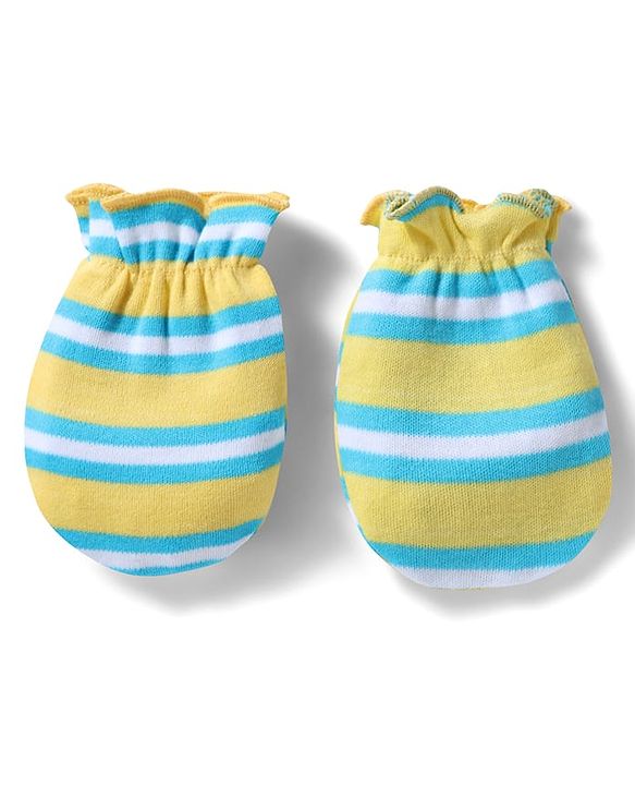 Babyhug 100% Cotton Interlock Knit Cap , Mittens & Booties with Stripes Olive Green - Diameter 16 cm
