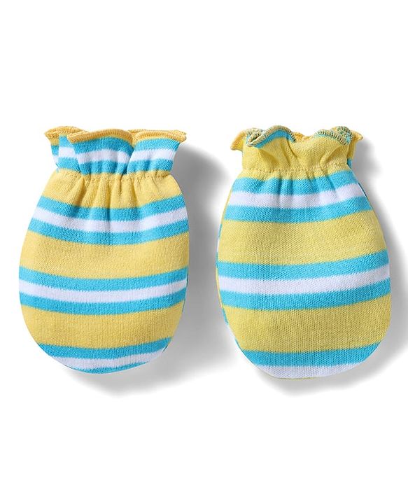 Babyhug 100% Cotton Interlock Knit Cap , Mittens & Booties with Stripes Olive Green - Diameter 16 cm
