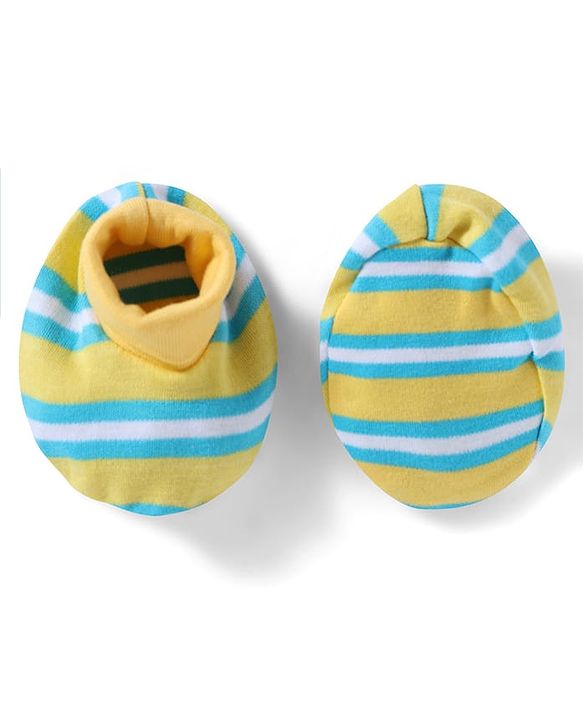 Babyhug 100% Cotton Interlock Knit Cap , Mittens & Booties with Stripes Olive Green - Diameter 16 cm