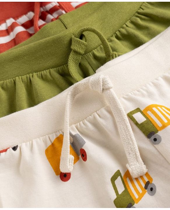 Babyhug 100% Cotton Single Jersey Knit Mid Thigh Shorts with Vehicles & Striped Print in Red Green & White Pack of 3