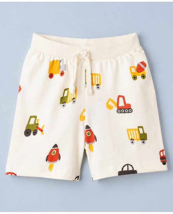Babyhug 100% Cotton Single Jersey Knit Mid Thigh Shorts with Vehicles & Striped Print in Red Green & White Pack of 3