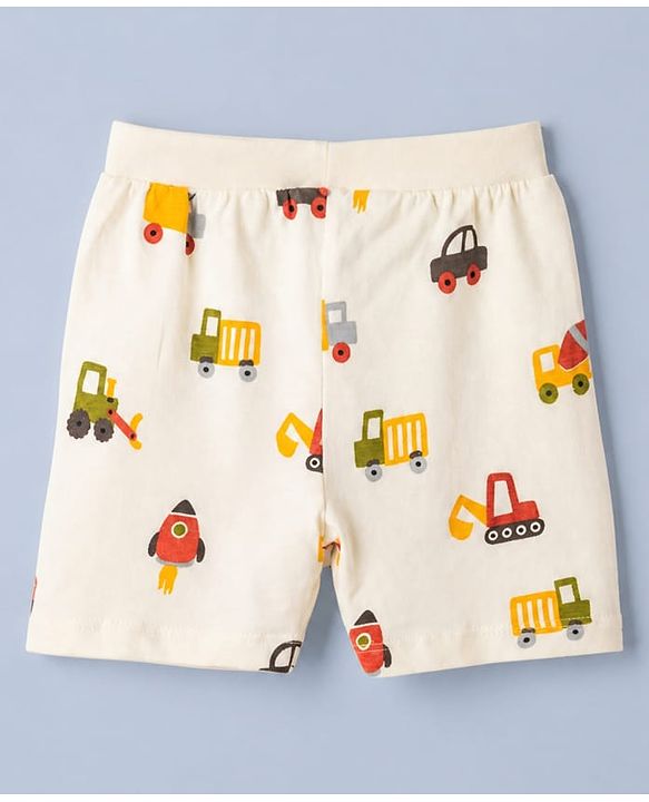 Babyhug 100% Cotton Single Jersey Knit Mid Thigh Shorts with Vehicles & Striped Print in Red Green & White Pack of 3