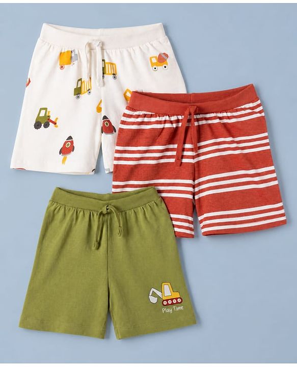 Babyhug 100% Cotton Single Jersey Knit Mid Thigh Shorts with Vehicles & Striped Print in Red Green & White Pack of 3