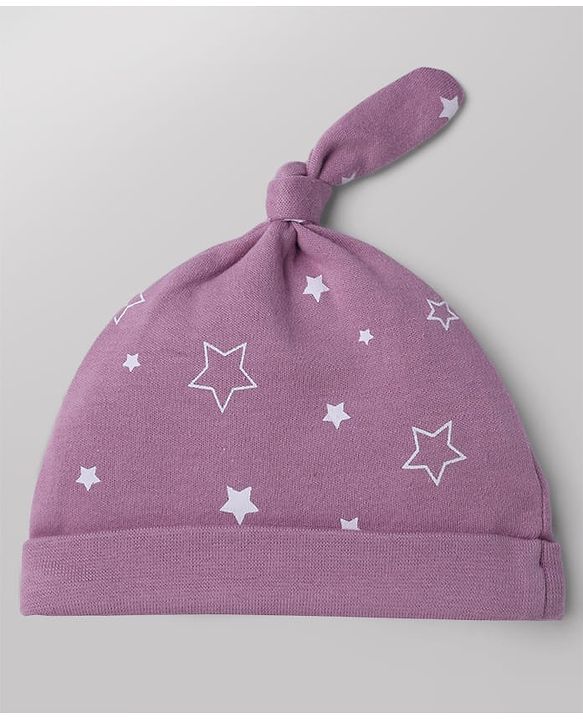 Babyhug 100% Cotton Interlock Knit Cap with Stars & Bear Print Pack of 2 Pink & White - Diameter 14 cm
