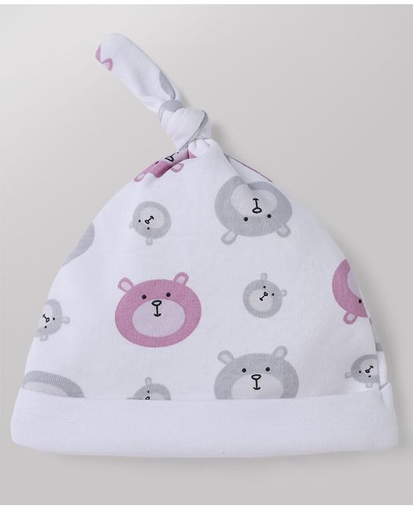 Babyhug 100% Cotton Interlock Knit Cap with Stars & Bear Print Pack of 2 Pink & White - Diameter 14 cm