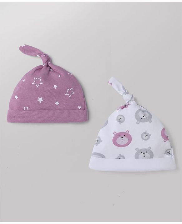 Babyhug 100% Cotton Interlock Knit Cap with Stars & Bear Print Pack of 2 Pink & White - Diameter 14 cm