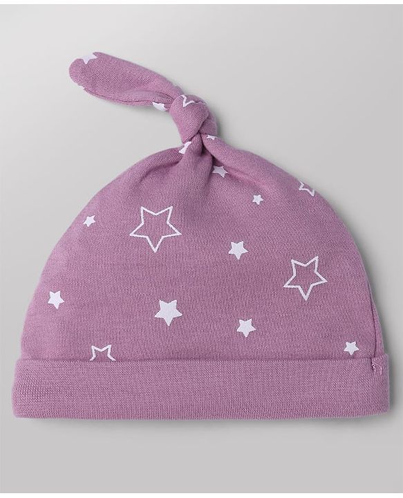 Babyhug 100% Cotton Interlock Knit Cap with Stars & Bear Print Pack of 2 Pink & White - Diameter 14 cm