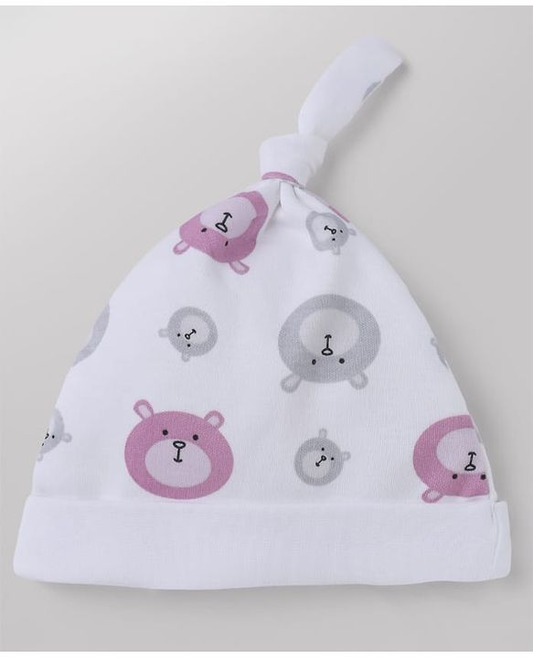 Babyhug 100% Cotton Interlock Knit Cap with Stars & Bear Print Pack of 2 Pink & White - Diameter 14 cm