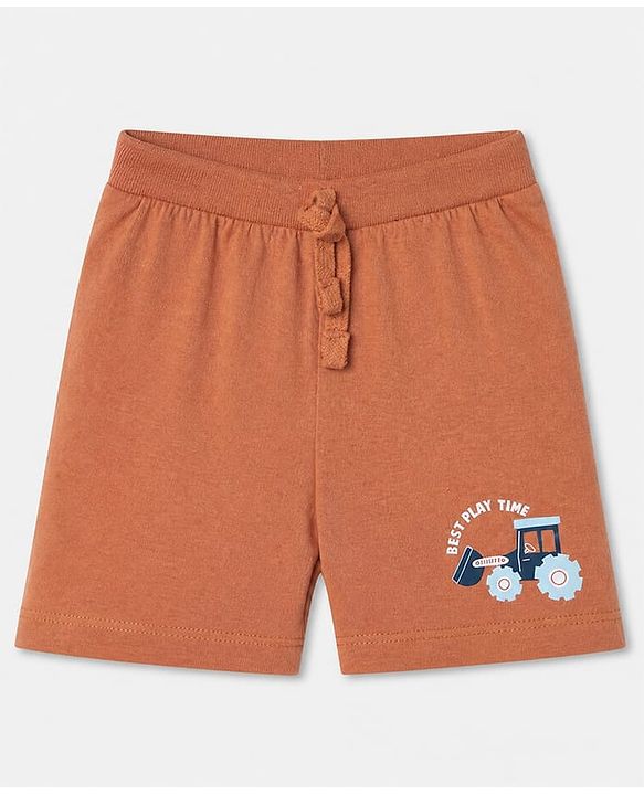Babyhug 100% Cotton Knit Shorts With Vehicle & Text Print Pack of 3 - Blue, Coral & Cream