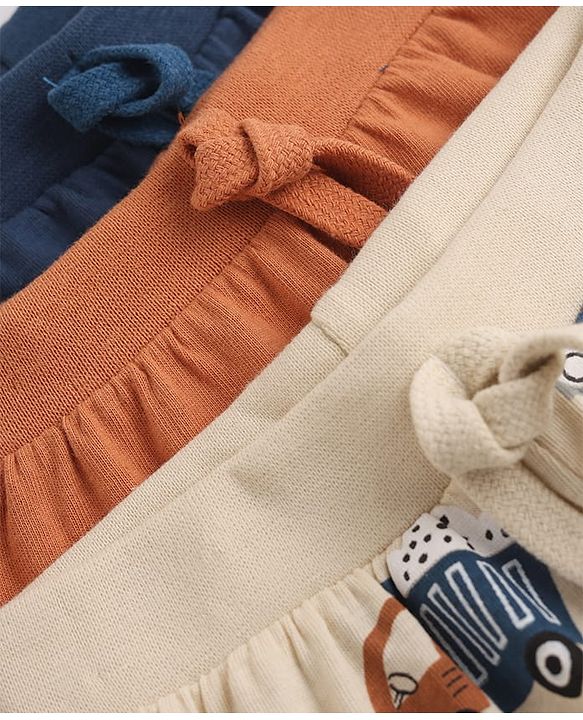 Babyhug 100% Cotton Knit Shorts With Vehicle & Text Print Pack of 3 - Blue, Coral & Cream