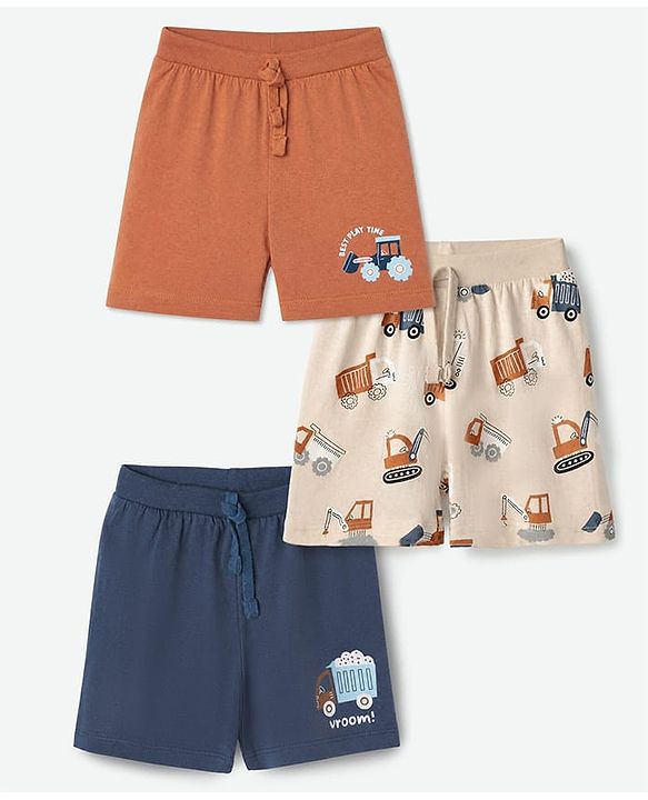 Babyhug 100% Cotton Knit Shorts With Vehicle & Text Print Pack of 3 - Blue, Coral & Cream