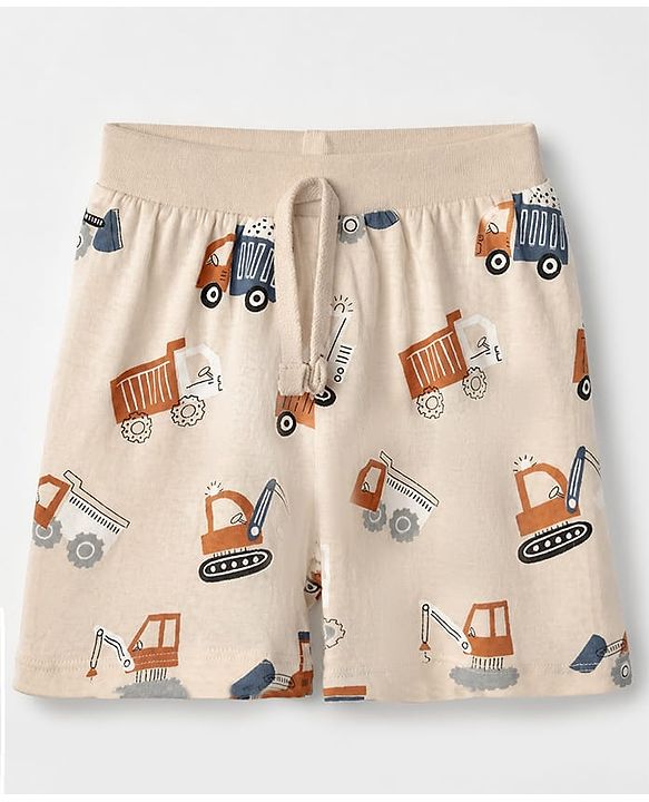 Babyhug 100% Cotton Knit Shorts With Vehicle & Text Print Pack of 3 - Blue, Coral & Cream