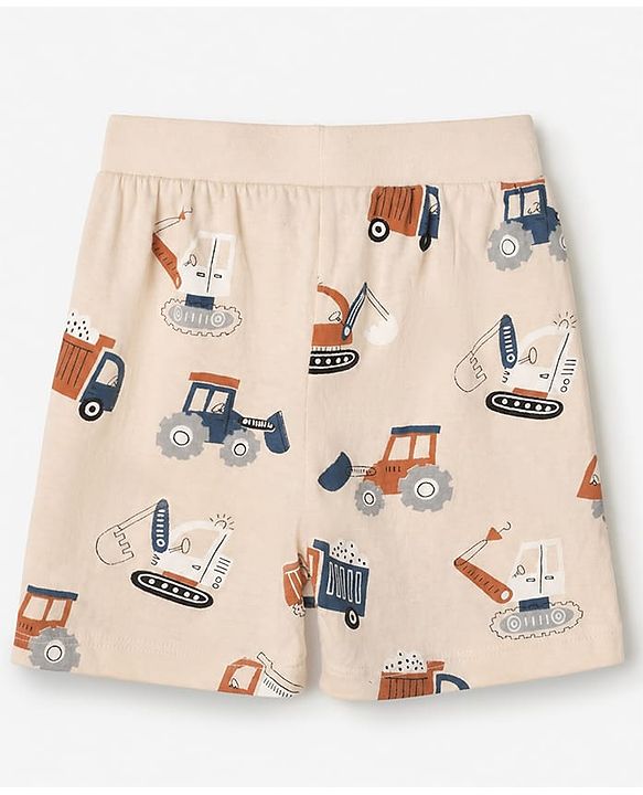 Babyhug 100% Cotton Knit Shorts With Vehicle & Text Print Pack of 3 - Blue, Coral & Cream