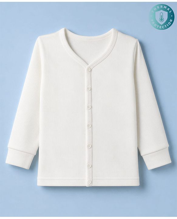 Babyhug Knit Full Sleeves Solid Front Open Thermal Inner Wear Vest - OffWhite