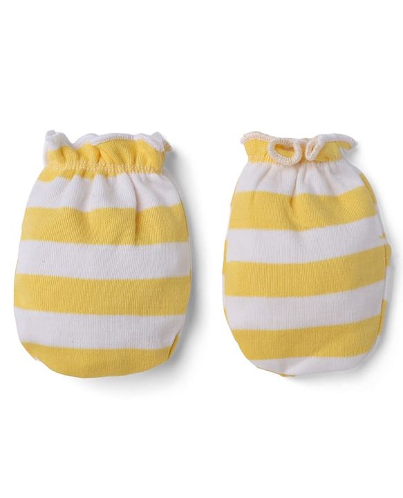 Babyhug 100% Cotton Interlock Knit Striped Mittens & Booties - Yellow