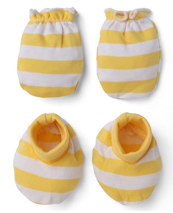Babyhug 100% Cotton Interlock Knit Striped Mittens & Booties - Yellow
