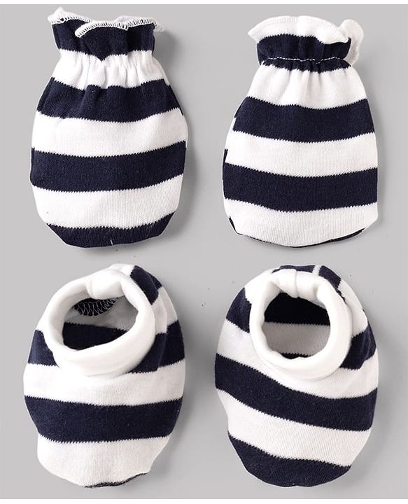 Babyhug 100% Cotton Interlock Knit Striped Mittens & Booties - White