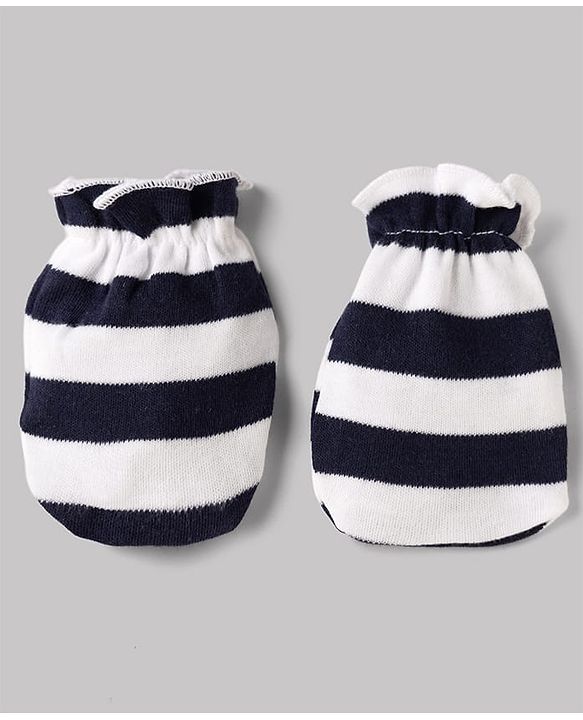 Babyhug 100% Cotton Interlock Knit Striped Mittens & Booties - White