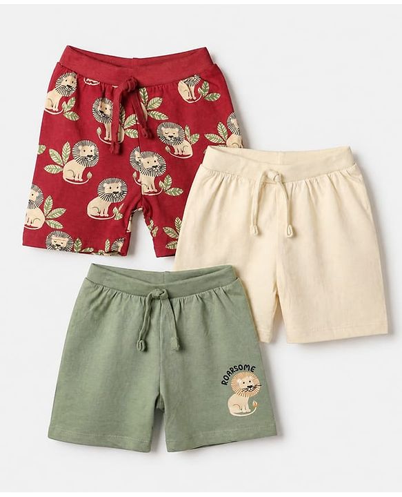 Babyhug Cotton Single Jersey Knit Mid Thigh Short with Lion Print Pack of 3 - Green Beige Maroon