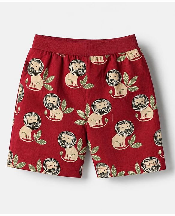 Babyhug Cotton Single Jersey Knit Mid Thigh Short with Lion Print Pack of 3 - Green Beige Maroon