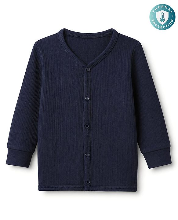 Babyhug Cotton Mixes Knit Front Open Full Sleeves Solid Vest Thermal Inner Wear - Navy Blue