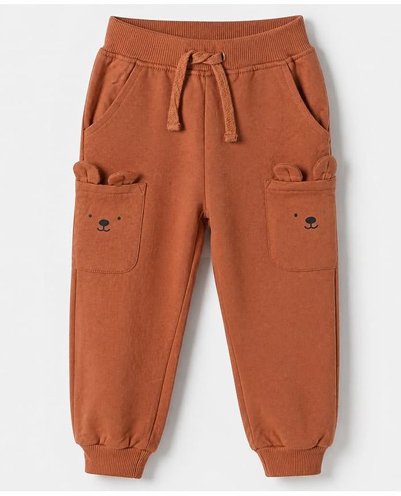 Babyhug Terry Knit Cotton Full Length Lounge Pants With Applique - Brown
