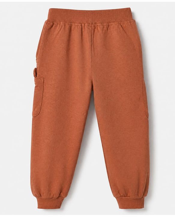 Babyhug Terry Knit Cotton Full Length Lounge Pants With Applique - Brown
