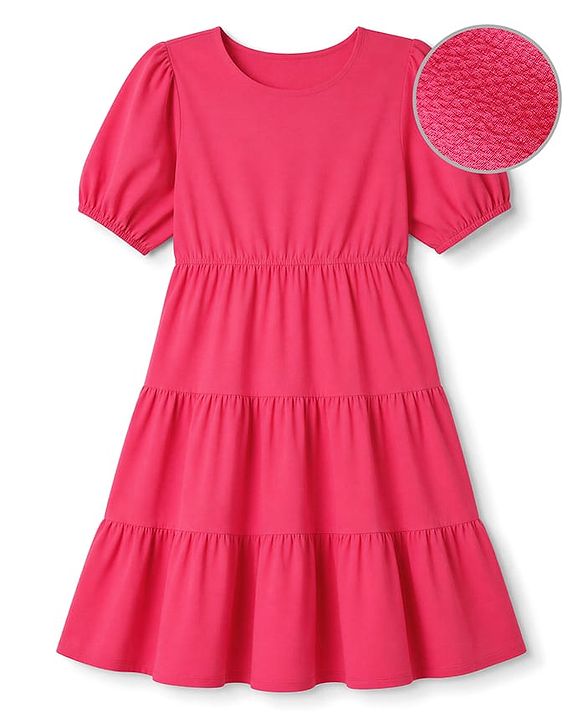 Pine Kids Woven Tiered Solid Dress With Half Sleeves - Fuchsia