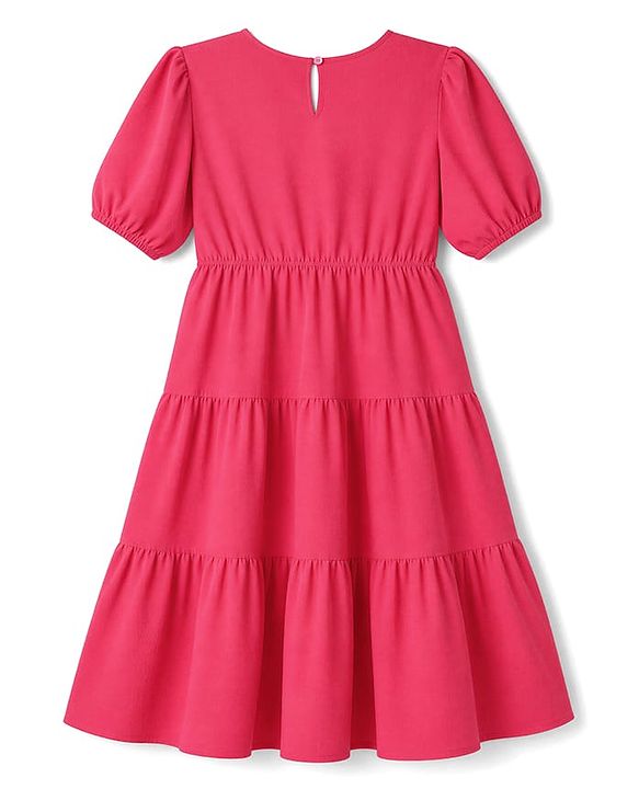 Pine Kids Woven Tiered Solid Dress With Half Sleeves - Fuchsia