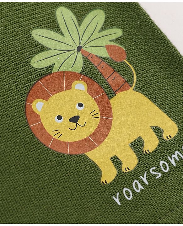 Babyhug 100% Cotton Single Jersey Knit Mid Thigh Shorts with Giraffe & Lion Print in Pack of 3 - Green Orange & Cream