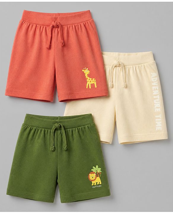 Babyhug 100% Cotton Single Jersey Knit Mid Thigh Shorts with Giraffe & Lion Print in Pack of 3 - Green Orange & Cream