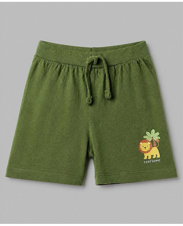 Babyhug 100% Cotton Single Jersey Knit Mid Thigh Shorts with Giraffe & Lion Print in Pack of 3 - Green Orange & Cream