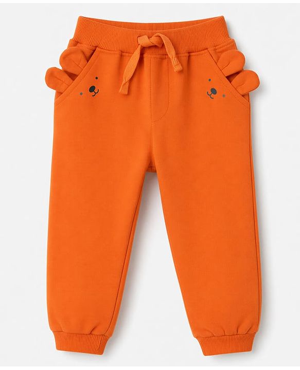 Babyhug 100% Cotton Terry Knit Full Length Lounge Pants With Bunny Applique - Rust Orange