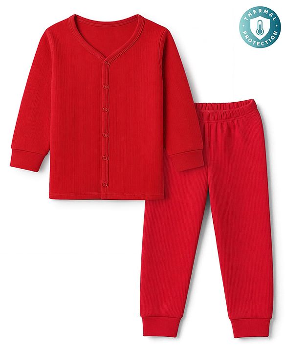 Babyhug Cotton Knit Full Sleeves Front open Thermal Inner Wear Set- Red