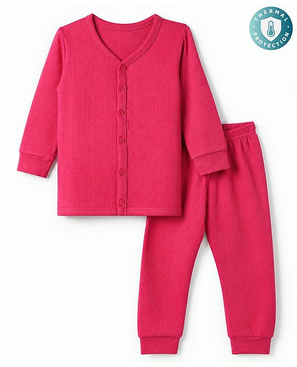 Babyhug Cotton Mix Knit Solid Vest & Pant Thermal Set with Front open Button in Fuchsia
